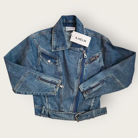 A.HELM Crop Jean Jacket Womens Sz XS Zippered Wrist Buckled Snap Pocket NWT - Picture 1 of 11